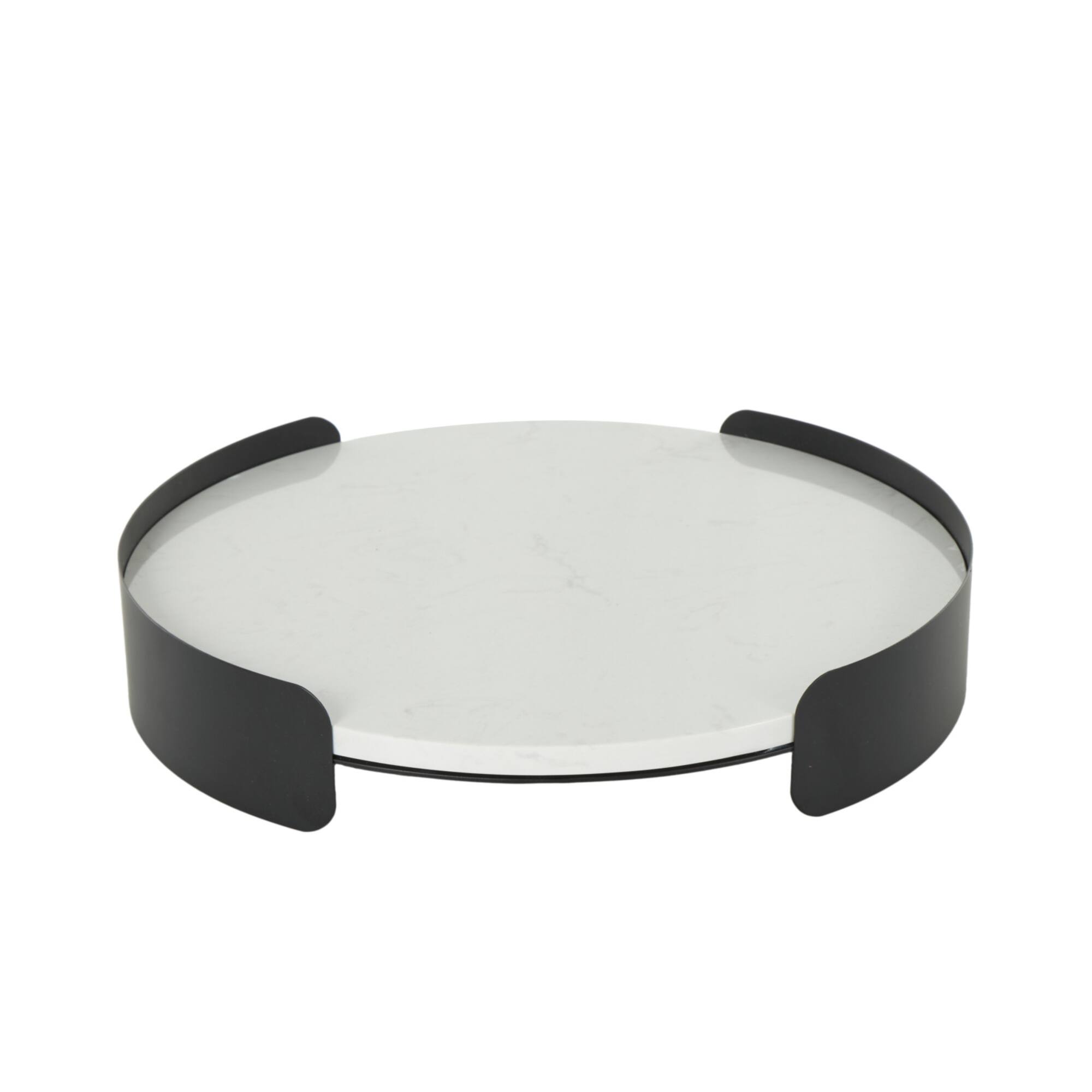 15.75" White Marble Round Living Room Décor Tray with Black Metal Frame